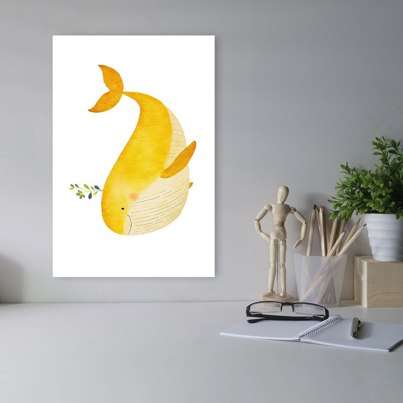 Cute Yellow Whale Peaceful Playful Abstract Whale Nature Ocean Wall Art Print 1 Piece Wrapped Canvas Wall Art