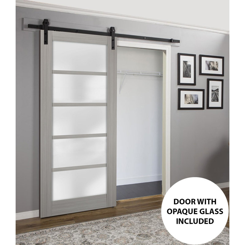 Grey Ash 36 x 84 Inch Frosted Glass 5-Panel Barn Door Kit