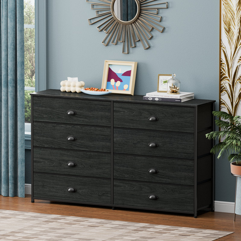 8-Drawer Fabric Dresser with Wood Top, Storage Chest, Black Oak