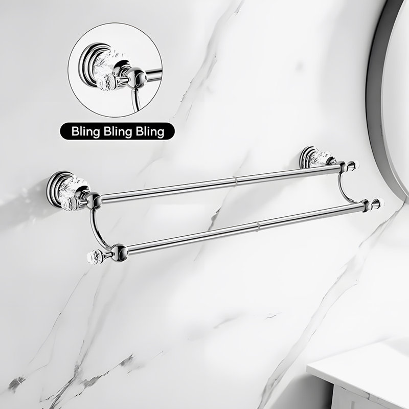 Towel Bar, Adjustable Double Towel Holder, Silver Crystal Bathroom Towel Racks Wall Mounted, Silver