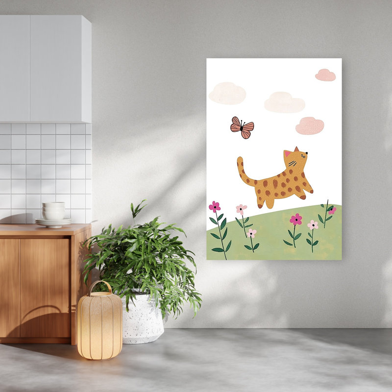 Playful Cat In Meadow Playful Whimsical Abstract Butterfly Cat Nature Spring Wall Art Print 1 Piece Wrapped Canvas Wall Art