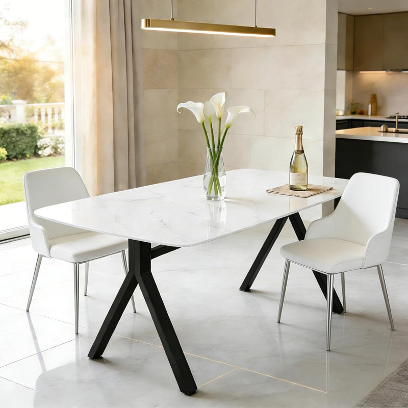 Table de salle à manger rectangulaire en verre trempé de 51 po avec pieds en métal, Pieds noirs