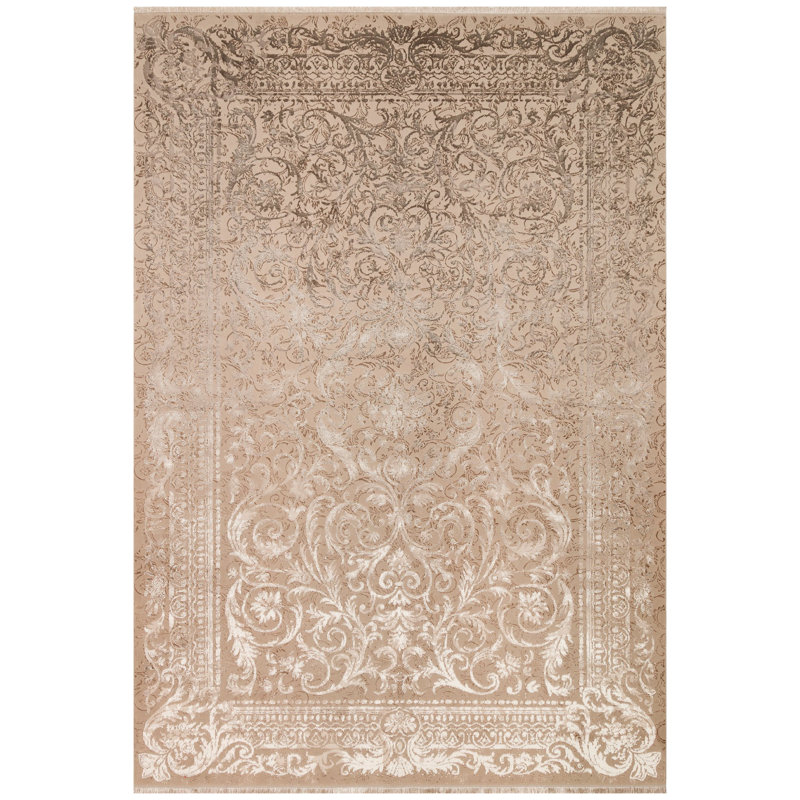 Tapis brun / blanc en polyester tissé à la machine, Tapis de couloir 2 pi 7 po x 9 pi 10 po
