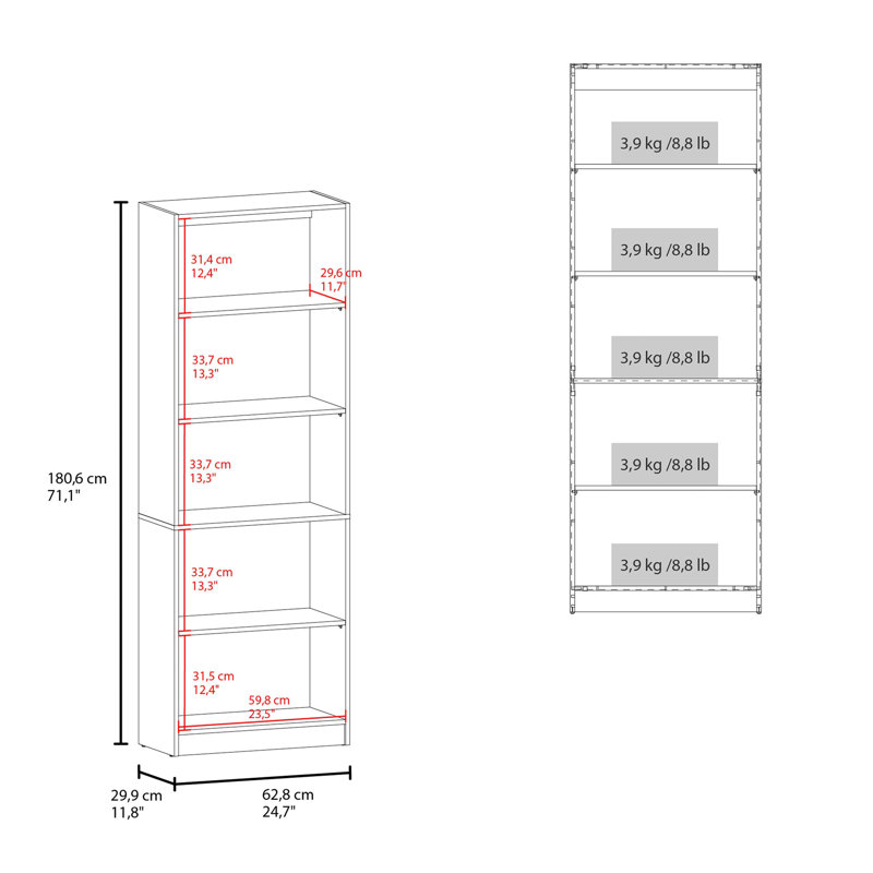 Bibliothèque en noyer teinté avec rangement ouvert et 5 tablettes, Noyer, (5 tablettes) H 71 po x l 24,7 po x P 11,8 po