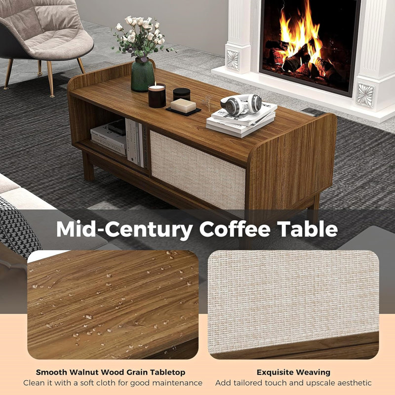 Ebern Designs Rectangular Coffee Table With Storage Weaving Sliding Door & Adjustable Shelf
