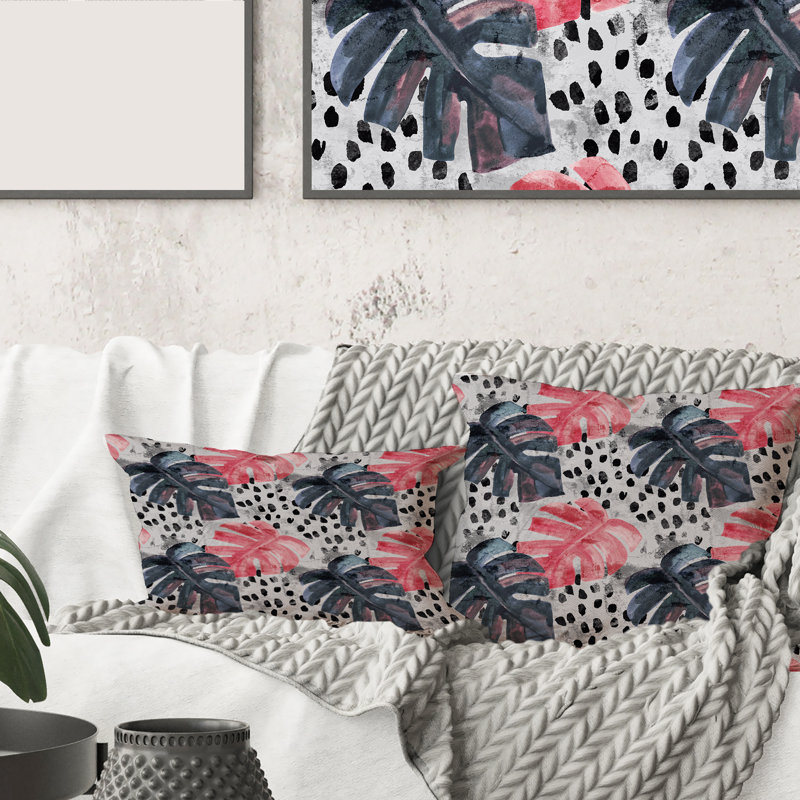 Rectangle, couleur Monstera sur les coups de pinceau rugueux I - coussin décoratif imprimé tropical