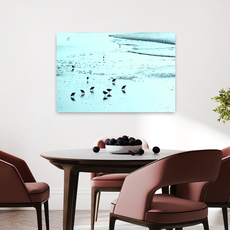 «Blue Sandpipers», oiseau abstrait, paysage côtier, art, H 24 po x l 36 po