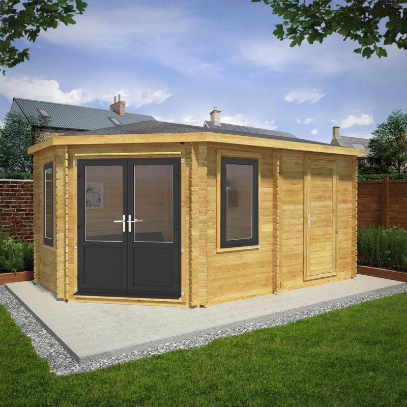 16ft x 10ft Corner Lodge Plus Log Cabin With Side Shed UPVC Windows & Doors (44mm), Grey/Natural Timber