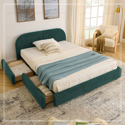 Structure de lit rembourrée de style moderne et minimaliste - Tissu de fil rond, tête de lit haute incurvée, support de pieds robuste et rangement de tiroir à roulettes