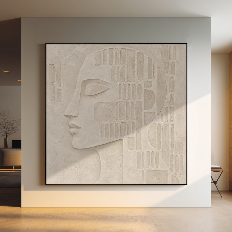 Impression sur tissu grand format - Motif géométrique visage de femme beige neutre pour salon ou chambre - « Assemblage du cadre requis (cadre non fini) »