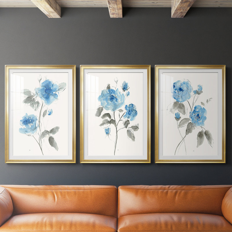 Bleu esquissé I - Impression encadrée sur mesure de qualité supérieure - 3 pièces, H 21 po x l 30 po, Doré