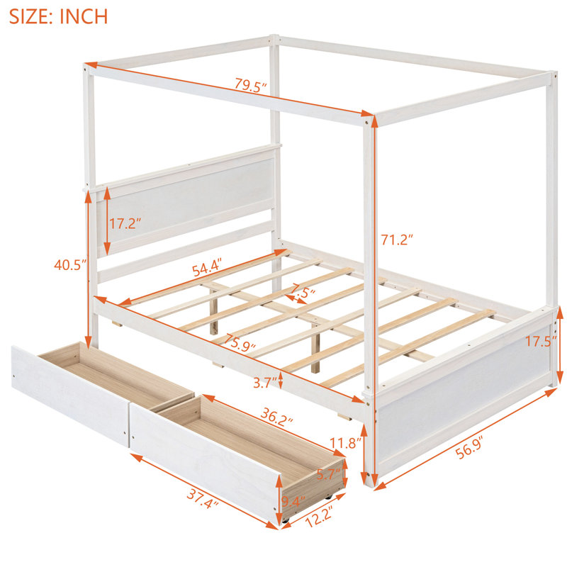 Lit à baldaquin avec deux grands tiroirs, finition blanche brossée, fabrication solide, pour lit double de mobilier de chambre à coucher, blanc, matériaux, 2 tiroirs soignés