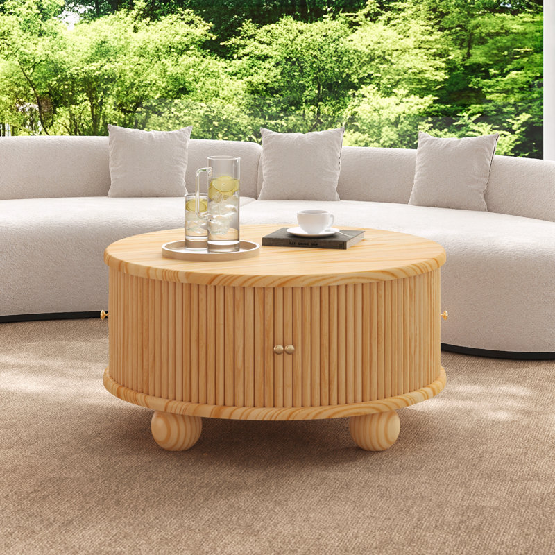 Table basse ronde cannelée avec rangement, Naturel