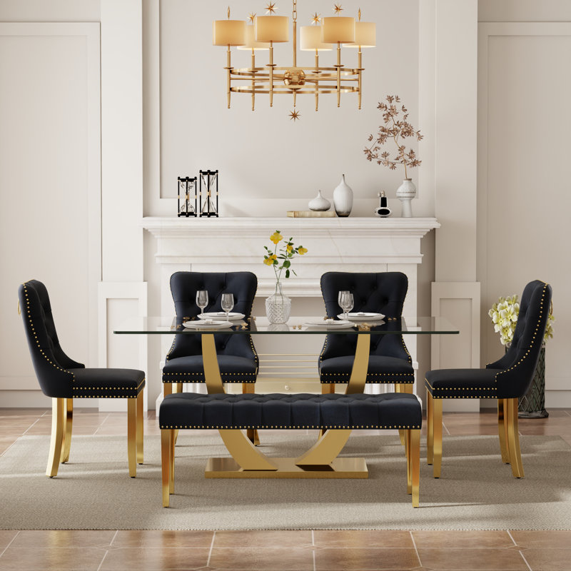 Ensemble de salle à manger rectangulaire avec banc, table de cuisine moderne de style Mid-Century et chaises capitonnées et banc de salle à manger de style luxueux Glass