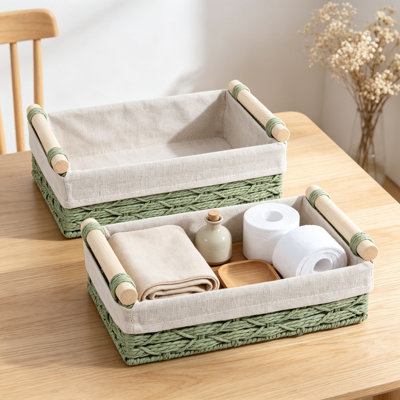 Wicker Storage Basket with Wooden Handles, 2 Pack Paper Rope Decorative Baskets for Toilet Paper, Bathroom Organizer for Toilet Tank Top, Shelves, Countertop, Bedroom, Home Office Storage Bins