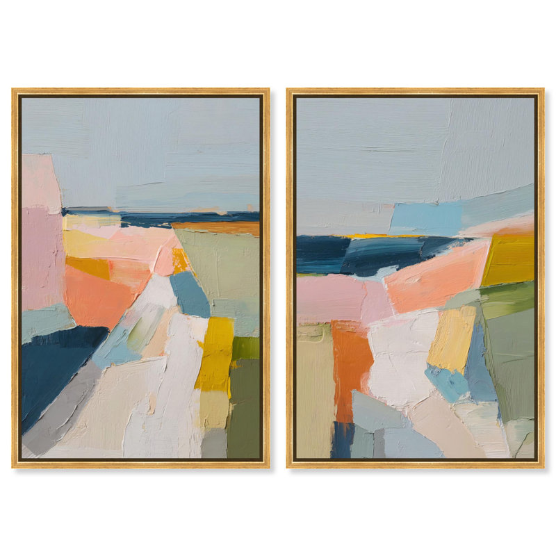 Pastel Fields Duo Canvas Print Modern Abstract Art Set by Art Remedy, Black Frame, 36 x 54, Gold Frame, H 37 po x l 25 po