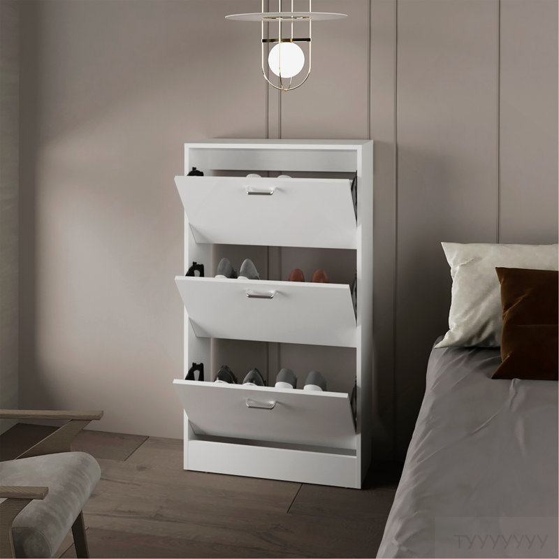 Range-chaussures PIECES, 3 compartiments rabattables, conception verticale mince, organisateur, blanc, Blanc