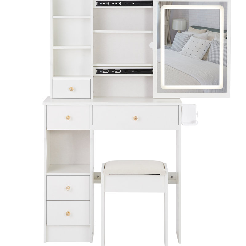 29.2" Left Drawer Vanity With Cushioned Stool, Built - In 2 Ac+2 Power Station, Hair Dryer Bracket, Extra Large Touch Switch Led Mirror Tri Color Lighting And Adjustable Brightness, For Small