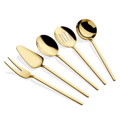 Premium 5-Piece Sauce Service Set, 100% Stainless Steel, Silver | Includes Sauce Ladle (8.3 in), Spoon (8.5 in), Fork (8.9 in), Strainer (8.7 in), Spatula (9.3 in) | Durable, Dishwasher Safe, Perfect for Entertaining & Cooking