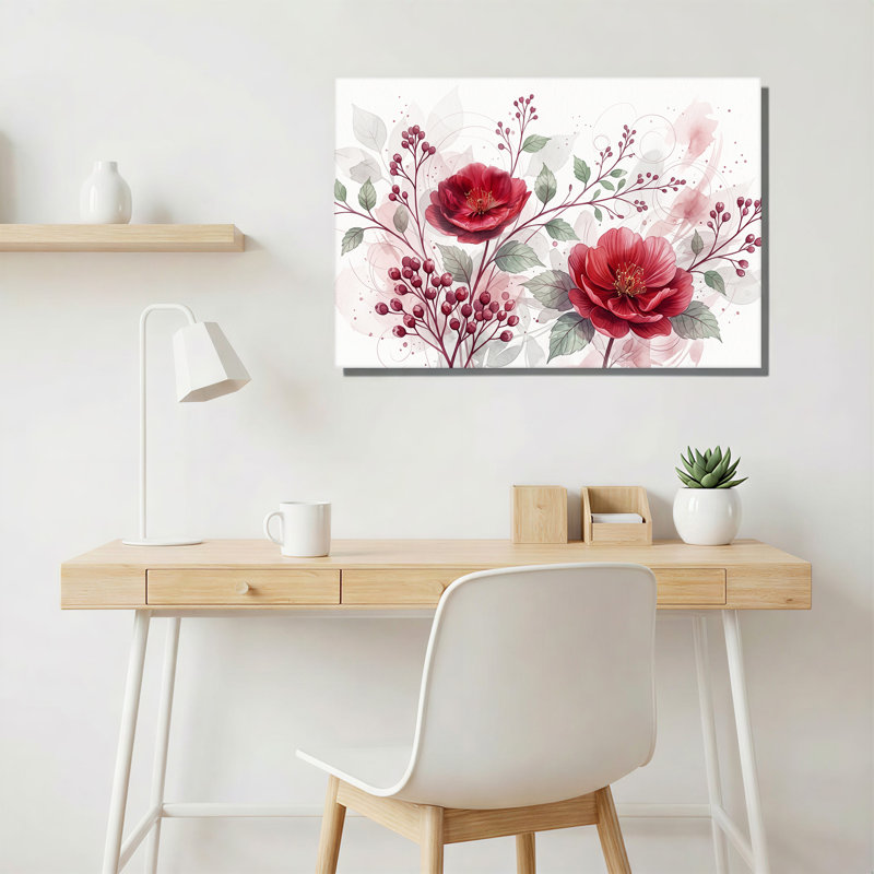 Tableau sur toile représentant des fleurs et des baies rouges avec des feuilles vertes, 16"H x 24"W