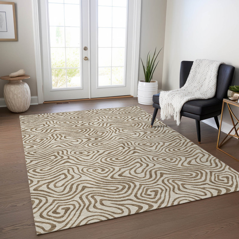 Beige and Brown Swirl Pattern Washable Synthetic Rug 5' x 7'