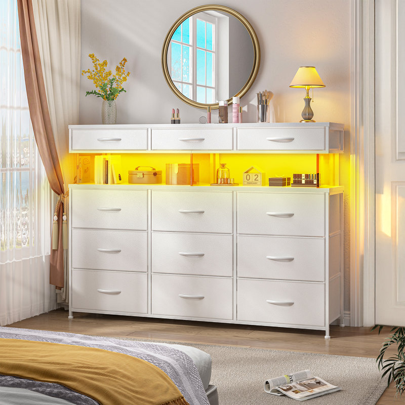 Dresser For Bedroom With 12 Drawers, Dressers With Led Light, Charging Station And Acrylic Sheet, White