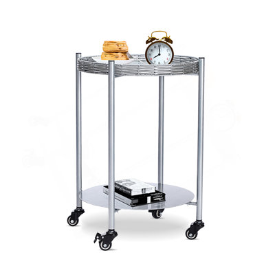 Round Coffee Table With Wheels 2-Tier Movable Side Tables Silver Metal Detachable Bedside Nightstand For Bedroom Living Room End Tables Next To Sofa (Silver Gray)