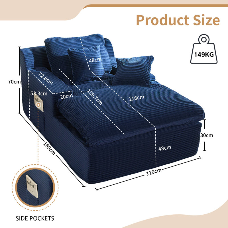 Chaise Lounge Chair with Armrests for Living Room, Floor Lounge Sofa with Movable Pillows & Side Pockets, Corduroy, Blue