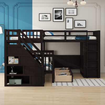 Jamelah Twin-Twin over Full L-Shaped Bunk Bed With 3 Drawers, Portable Desk and Wardrobe