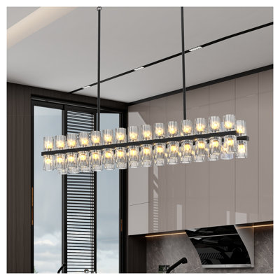 Modern Rectangular Crystal Chandelier with Black Iron Frame - Adjustable Luxury Linear Pendant Light for Dining Room & Kitchen Island
