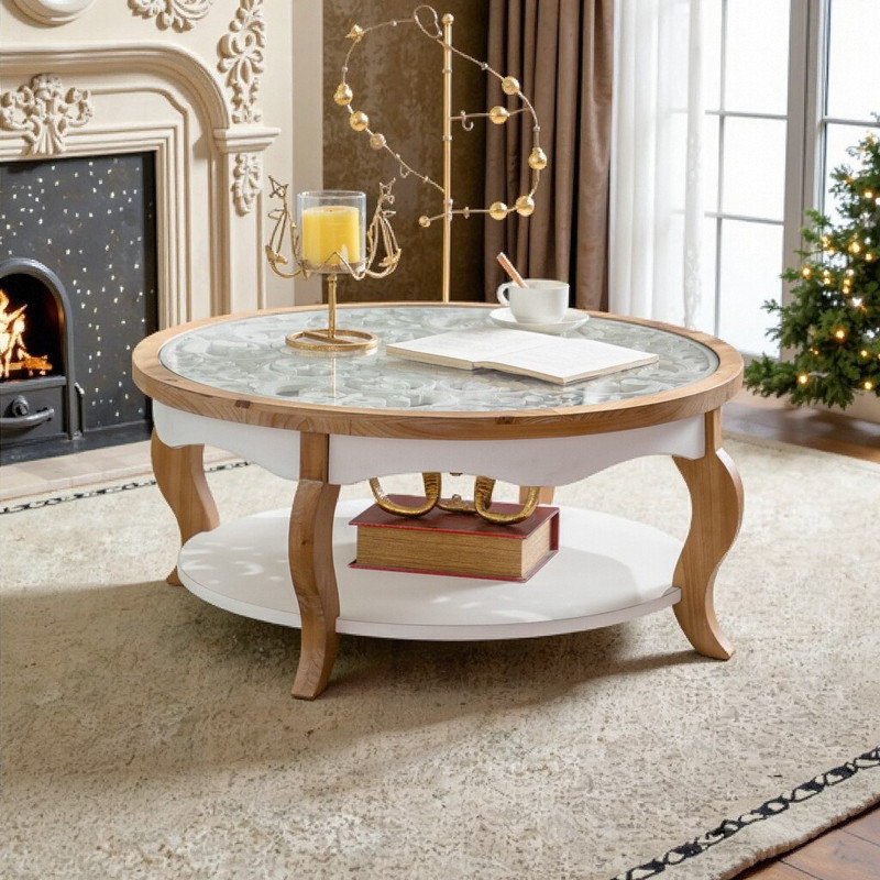 Table basse ronde en bois massif avec plateau en verre trempé amovible et pieds courbés
