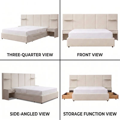 Tall Headboard Upholstered Platform Bed with Nightstands, Drawers & Floating Shelves, Queen, Beige Velvet