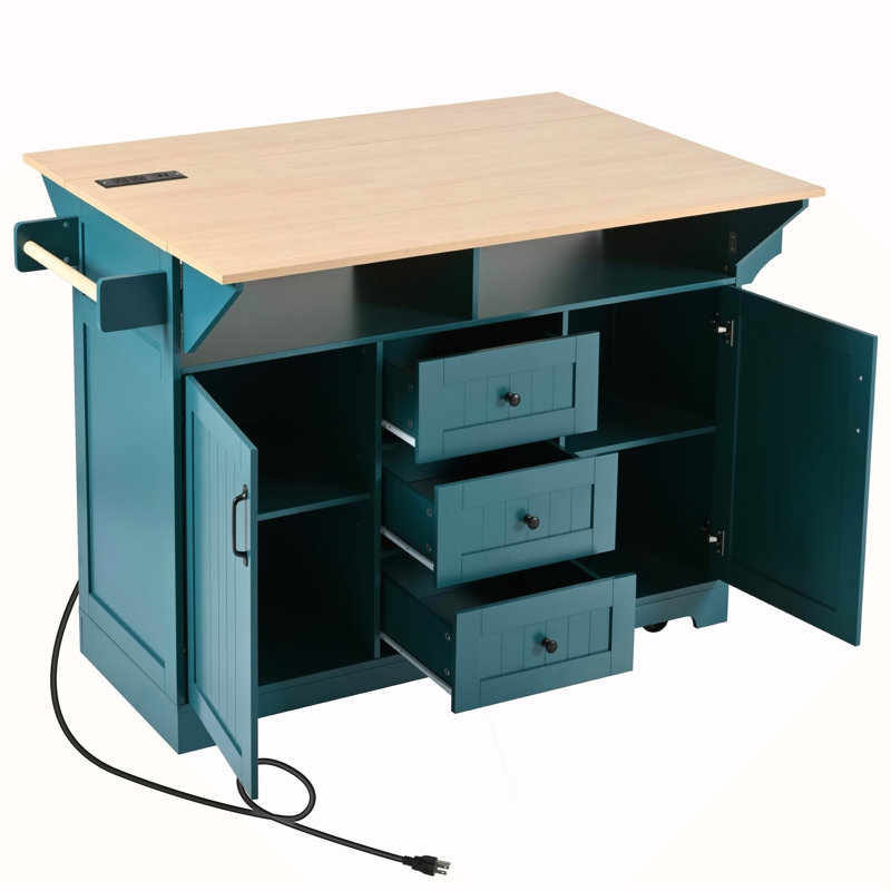55.7'' Large Kitchen Island With 2 Drop Leaf,, Rolling Kitchen Cart On 5 Wheels With Power Outlet, Folding Storage Dining Table With Spice & Towel Rack , 3 Drawers, For Kitchen, Dining Room