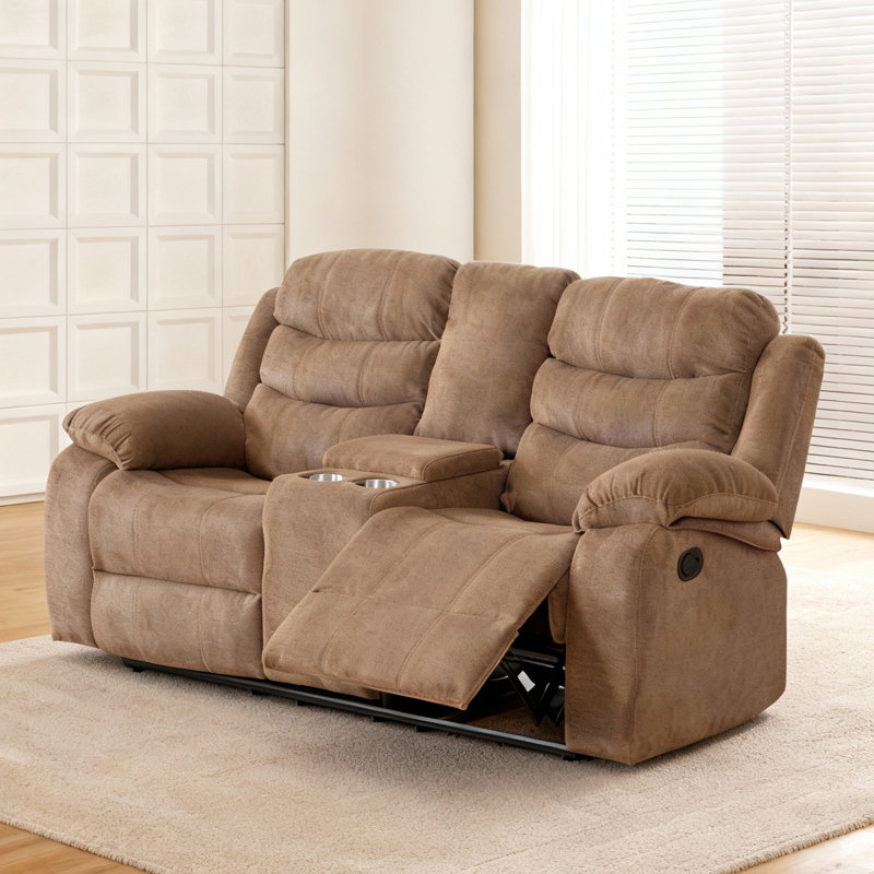 Ensemble de salon 2 pièces en polyester - Fauteuil inclinable manuel et causeuse avec console, Brun
