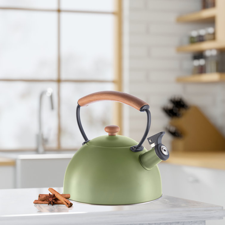 Oggi Brew Stainless Steel, Wood Handle, Whistling Tea Kettle (2.5 LT, 85 oz) Color: Green 7585.11