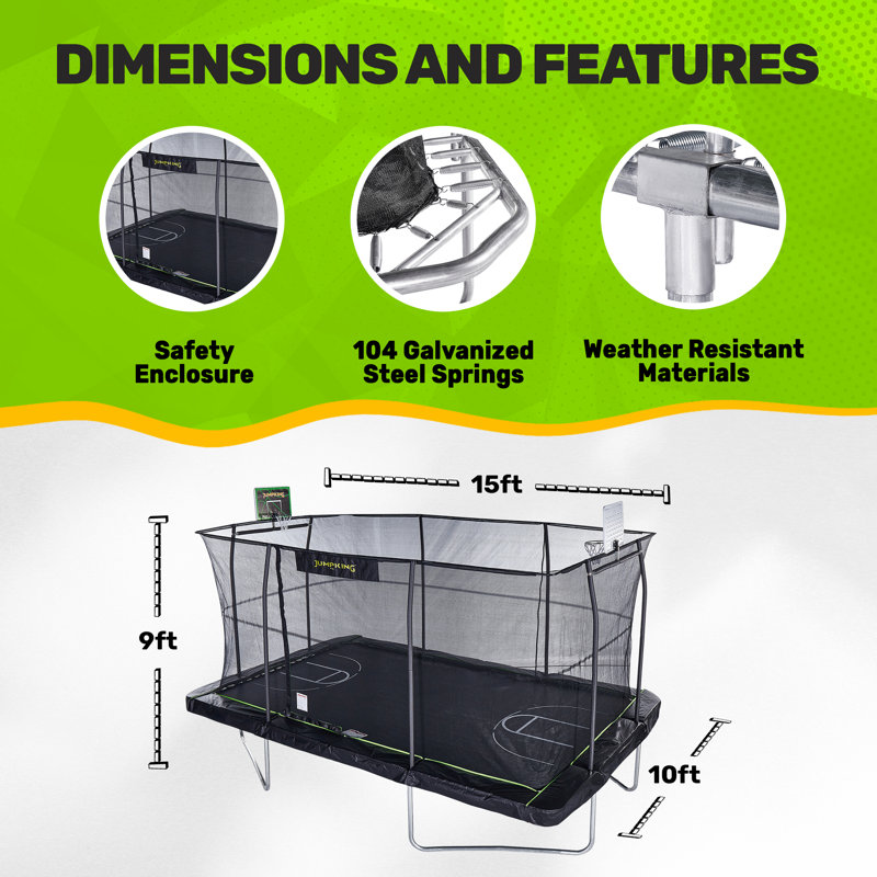 Black Rectangular Steel Trampoline with Enclosure and Basketball Hoop