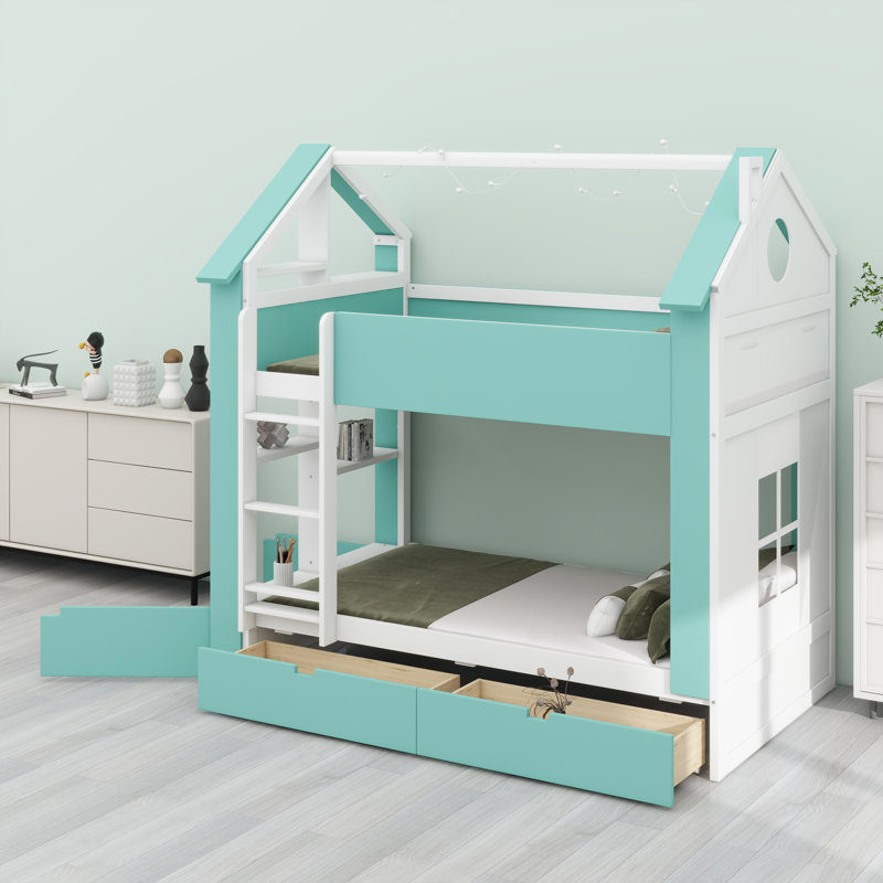 Lit superposé en forme de maison avec tiroirs de rangement, tablettes et éclairage intégré, Blanc et bleu