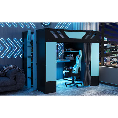 Full Size Wood Loft Bed With,Shelves,Blackout Curtains,And RGB Lights,Black+Cloud Blue