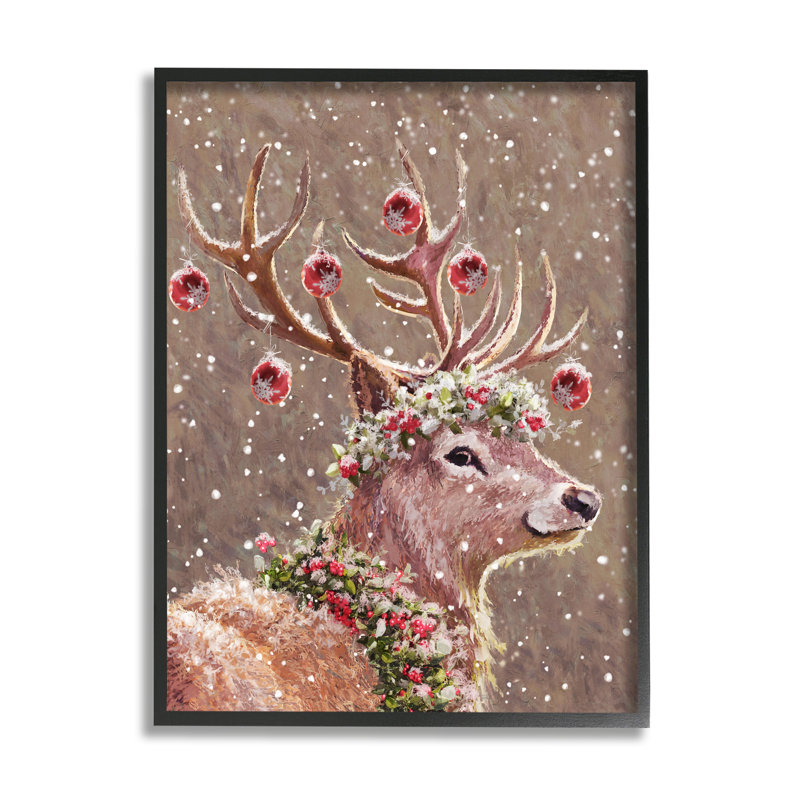 «Deer Antler Holiday Ornaments» encadré sur bois par Pip Wilson, peinture, Giclée encadrée noir minuit, H 14 po x l 11 po