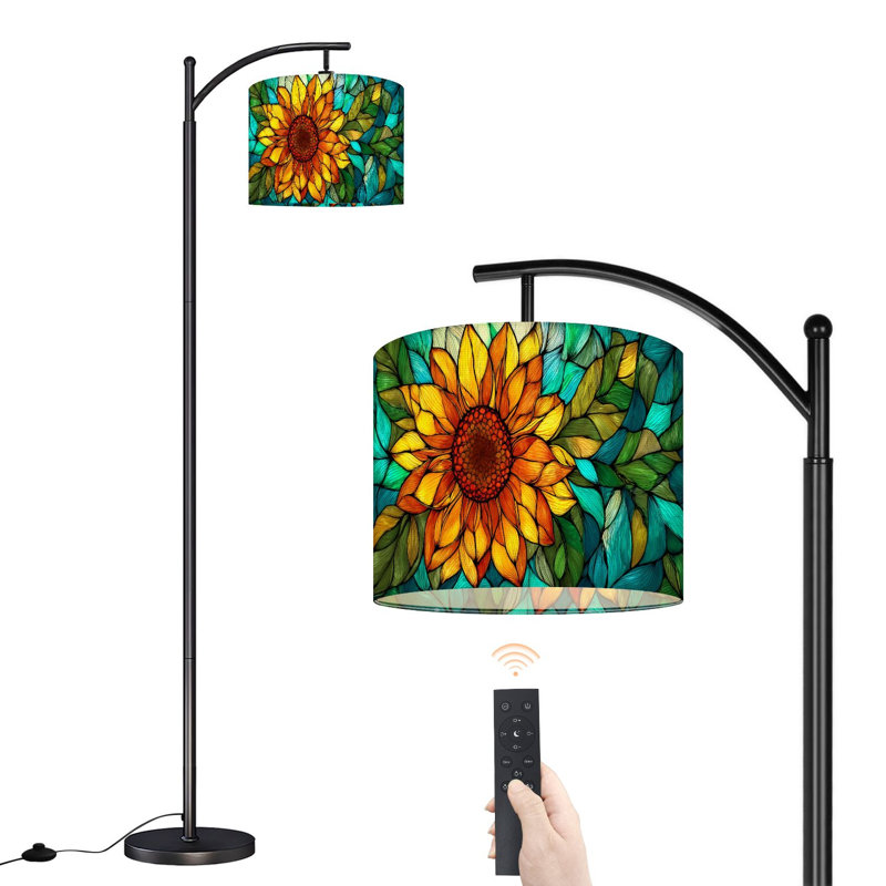 Arc Floor Lamp with Adjustable Lampshade Sunflower Glass Panel Standing Lamp 3 Color Temperatures Dimmable Tall Pole Lamp with Foot Switch for Bedroom