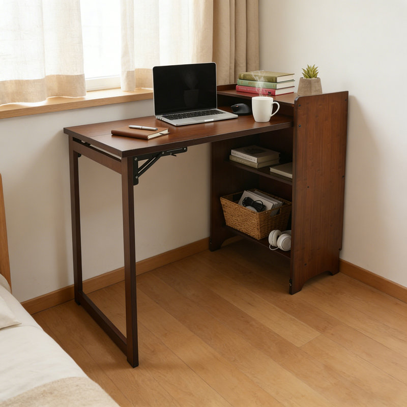 Folding Bamboo Desk with Storage Shelves
