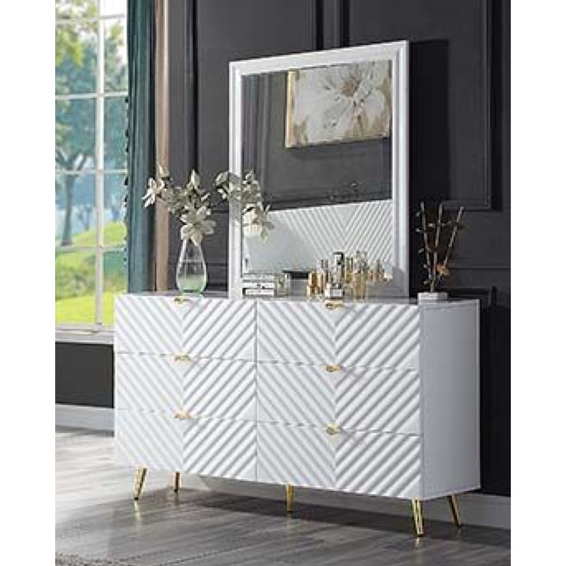 Commode 6 tiroirs avec miroir Gaines, Blanc