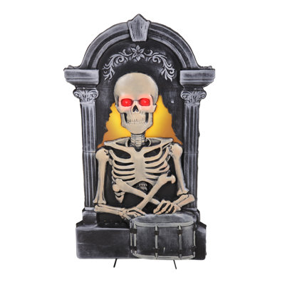 Haunted Hill Farm 3.0 ft Tombstone Skeleton with Drum Halloween Animatronic with Red LED Eyes and Sound