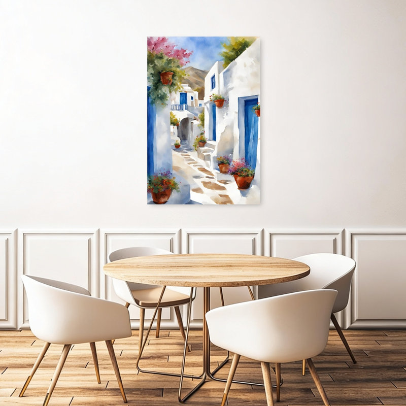Charmant village grec, paisible, architecture traditionnelle rustique, impression d'art mural d'été, 48" H x 32" W