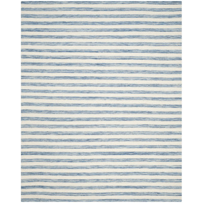 Emek Hand Woven Flat Weave Wool/Cotton Striped Rug in Blue/Ivory