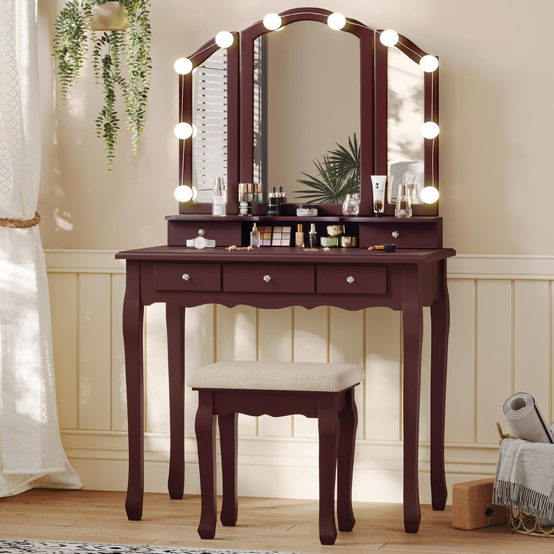 Vanity Desk with Tri-Fold Mirror and Lights, Brown
