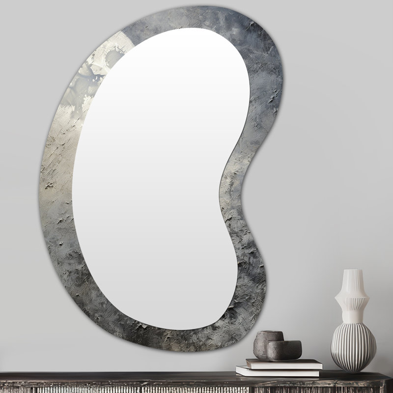 Everardo Minimalism grey Moon Surface 4 - Tachisme Asymmetrical Wall Mirror, Grey Unique Shape Decorative Mirror, Printed Metal Art