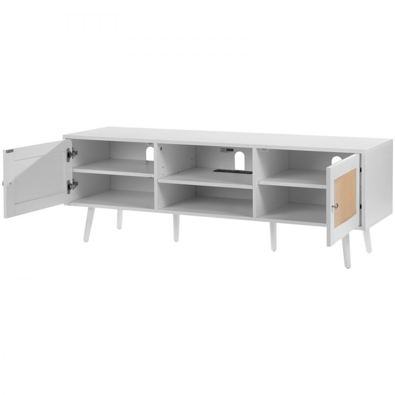 Rattan TV Stand for 65 inch TV, Boho TV Stand with Rattan Door, Entertainment Center with Build-in Socket and USB Ports, Modern TV Console for Living Room, Media Room