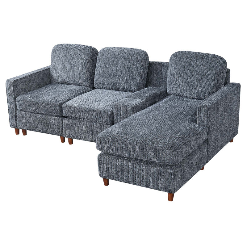 Canapé d'angle en L avec méridienne réversible et console de rangement, Bleu, noir, chenille