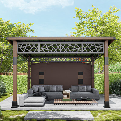 12 FT X 14 FT  Outdoor Modern Hardtop Slope Roof Gazebo With Side Privacy Screen and 4 Storage Pouches